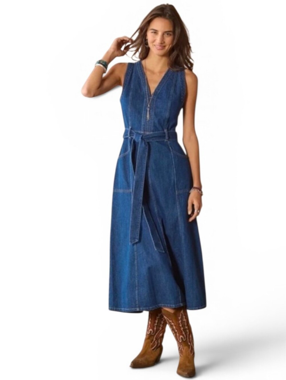 NWOT SUNDANCE Poppy Sleeveless Denim Belted Midi Dress with Pockets - Size P 6